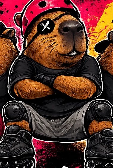 Capitão, capivara de capacete rosa e braços cruzados