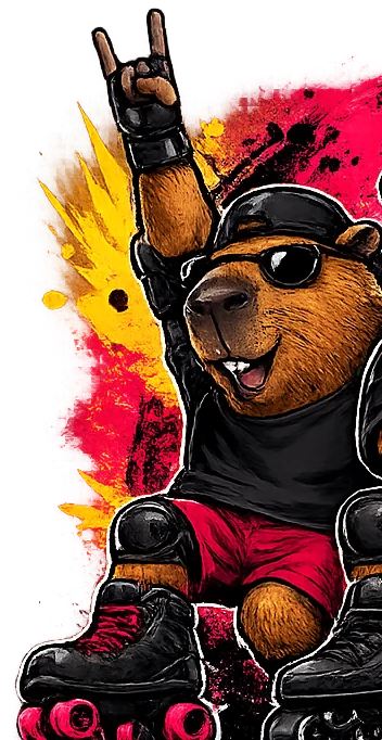 Zé Rock, capivara fazendo sinal de rock com patins quad